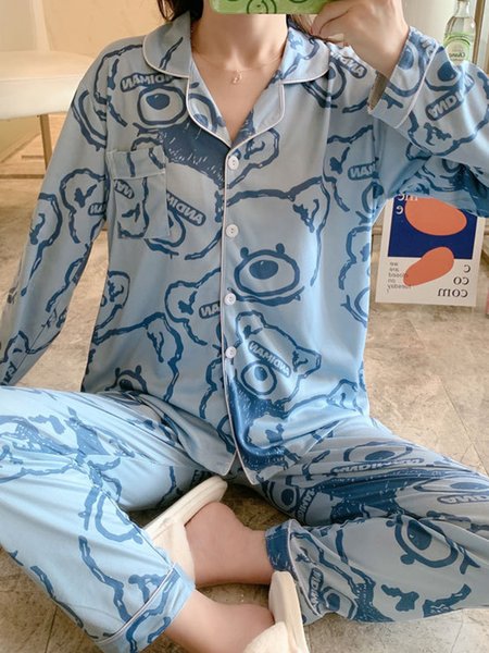 

Lapel Long Sleeve Casual Cartoon Homewear Two Piece Plus Size, Color4, Loungewear & Sleepwear