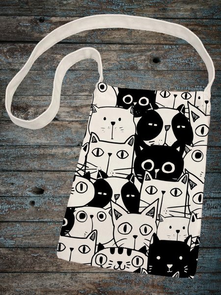 Cat Canvas Crossbody Shopping Bag, Black-white, Women's Bags