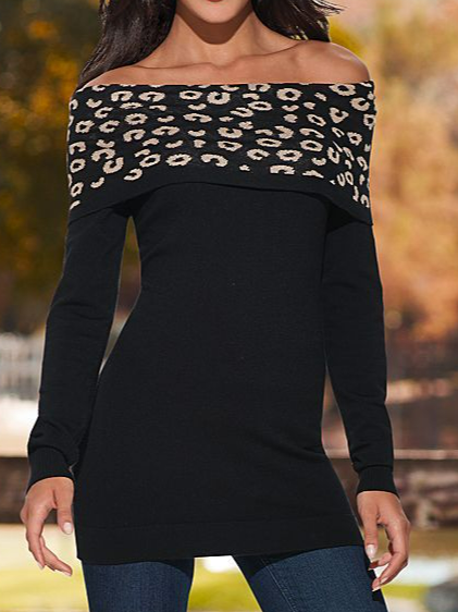 

Casual Leopard Boat Neck T-Shirt, Black, Tunics
