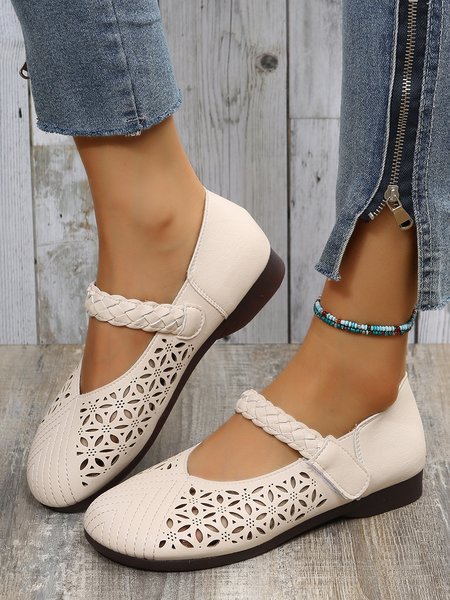 

Round Toe Low Heel Woven Comfortable Mary Jane Shoes, Beige, Flats