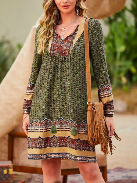 

Boho Ethnic Loose V Neck Dress, Multicolor, Dresses