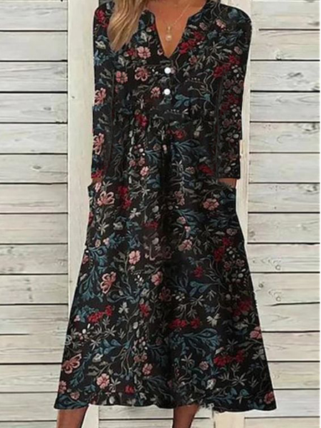 

Floral Casual V Neck Loose Dress, Multicolor, Dresses