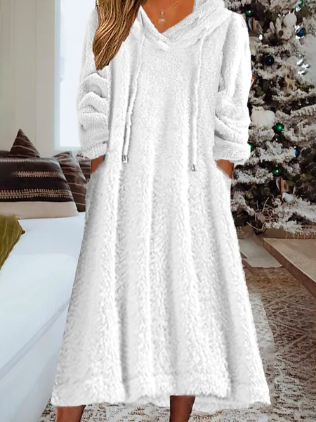 

Loose Fluff/Granular Fleece Fabric Hoodie Casual Dress, White, Midi Dresses