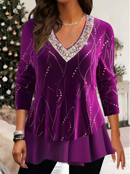 

Casual V Neck Velvet Long Sleeve Purple Hot Drilling Top, Tops