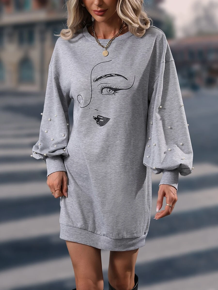 

Color Block Casual Beaded Abstract Crew Neck Beaded Dress, Gray, Mini Dresses