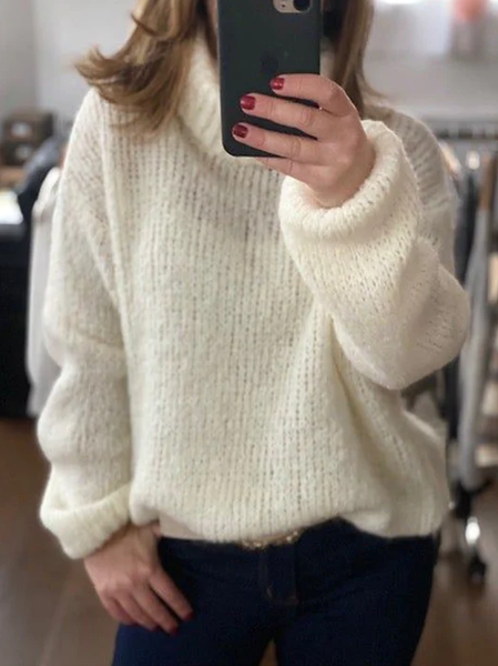 

Yarn/Wool Yarn Stand Collar Casual Loose Sweater, White, Sweaters