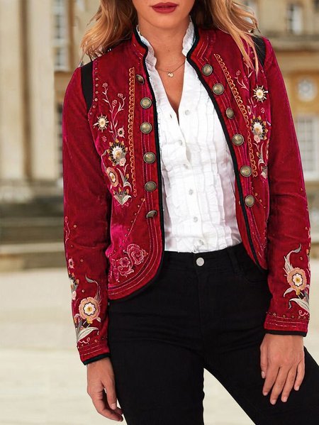 

Loose Floral Stand Collar Other Coat, Red, Jackets