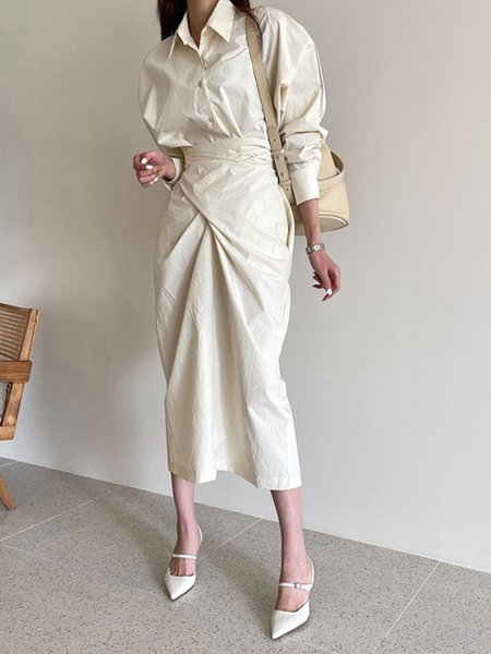 

Shirt Collar Long sleeve Elegant Plain Dress, Beige, Midi Dresses