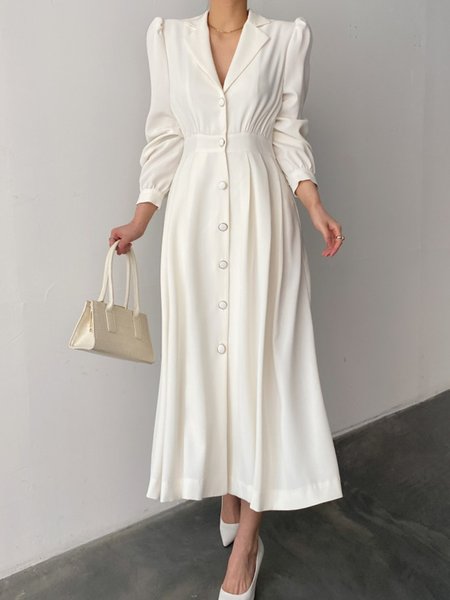 

Long sleeve V Neck Plain Elegant Regular Fit Dress, White, Midi Dresses