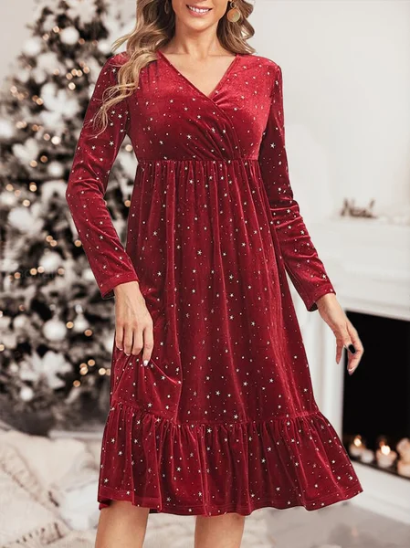 

Casual Geometric V Neck Loose Dress, Wine red, Dresses