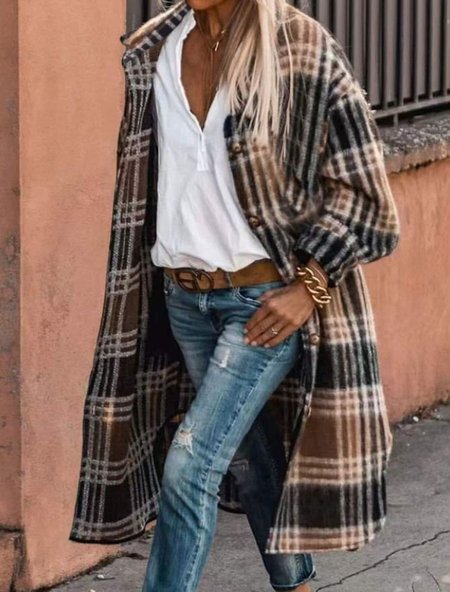 

Casual Loose Plaid Shawl Collar Woolen Coat, Multicolor, Coats