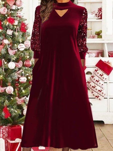 

V Neck Plain Casual Regular Fit Dress, Wine red, Dresses