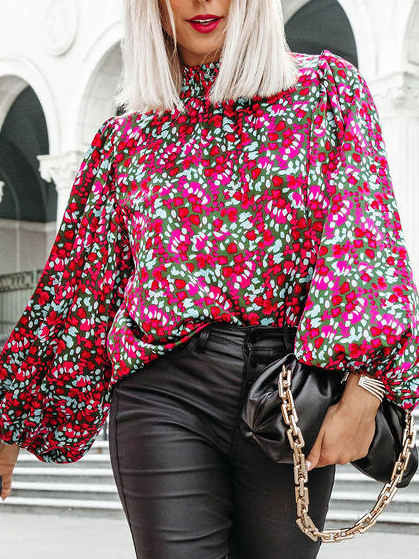 

Loose Stand Collar Casual Floral Top, Multicolor, Tops