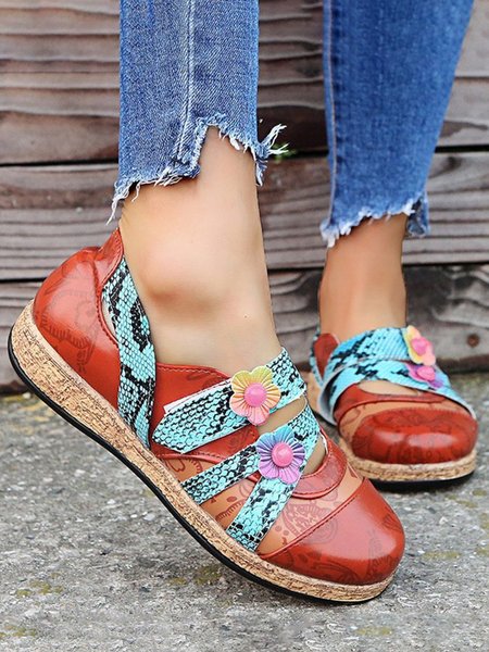 

Vintage Contrast Flower Applique Velcro Mary Jane Flat Shoes, Red, Flats