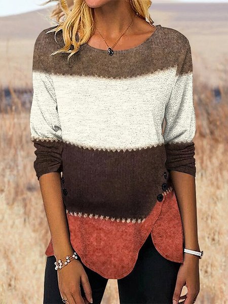 

Striped Regular Fit Crew Neck Casual Top, Orange, Tops
