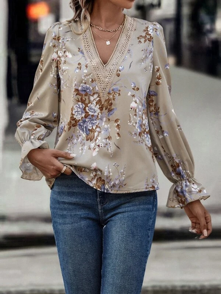 Loose Cotton-Blend Casual Lace Top, Khaki, Blouses & Shirts