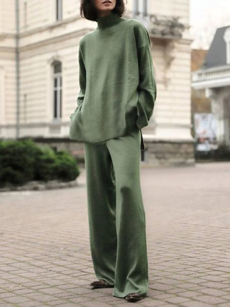 

Regular Fit Casual Turtleneck Plain Two-Piece Set, Green, Suit Set