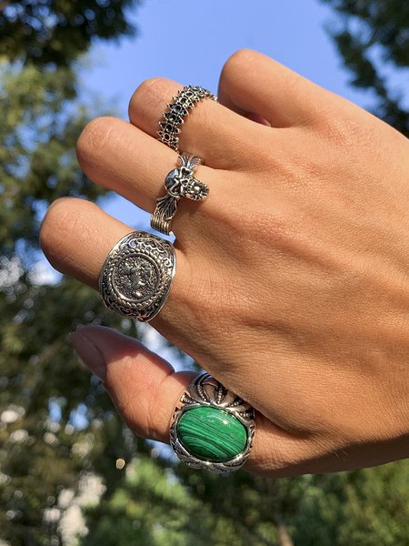 

4Pcs Bohemian Vintage Malachite Skull Pattern Ring Ethnic Jewelry, Silver, Rings