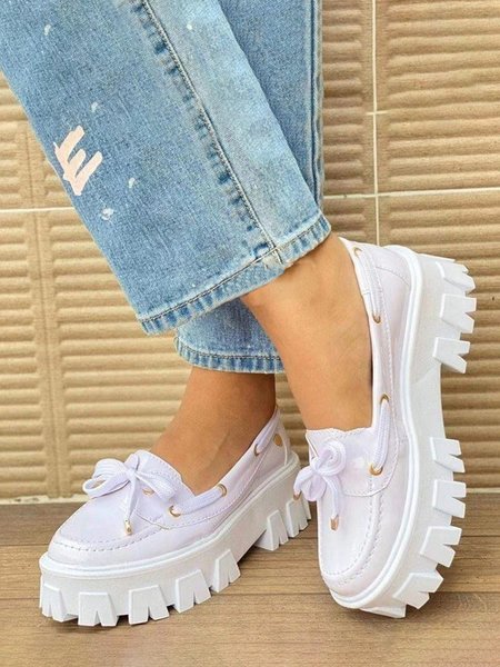 

Plus Size Bow Decor Plain Color Platform Moccasin Shoes, White, Loafers