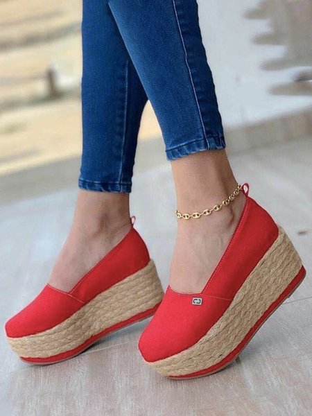 

Rhinestone Metal Straw Woven Thick Soled Shoes, Red, Creepers & Wedges