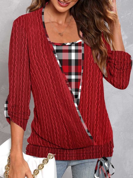 

Casual Color Block V Neck Regular Fit Top, Red, Tunics