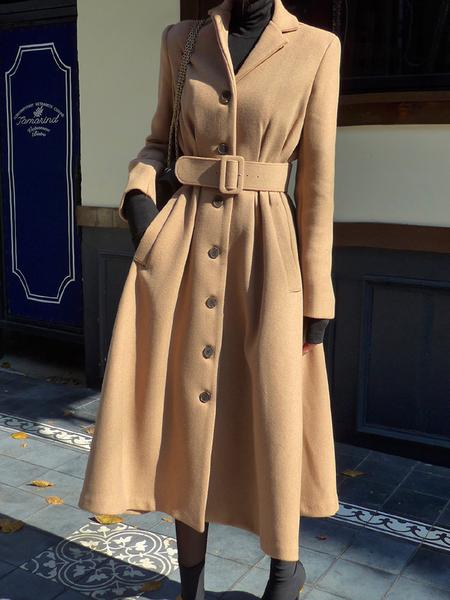

Lapel Collar Plain Elegant Regular Fit Long sleeve Mid-long Overcoat, Khaki, Coats