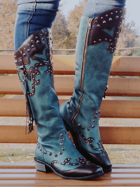 

Retro Plus Size Stud-Detail Knight Cowboy Boots with Tassel, Blue, Boots