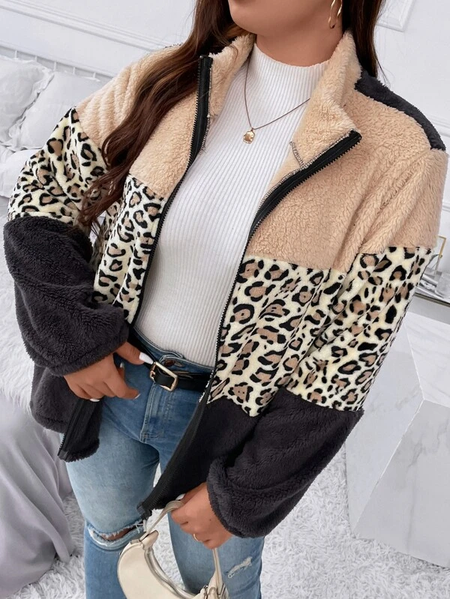 

Cotton-Blend Shawl Collar Casual Color Block Teddy Jacket, Khaki, Coats