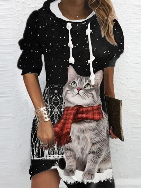 

Cat Hoodie Regular Fit Casual Dress, Black, Dresses