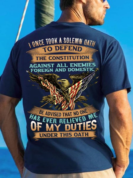 

Men's No One Has Ever Relieved Me Of My Duties Under This Oath Funny Flag Graphic Print Casual Text Letters Cotton T-Shirt, Purplish blue, T-shirts