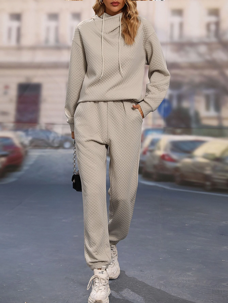 

Plain Crew Neck Cotton-Blend Regular Fit Urban Two-Piece Set, Khaki, Suit Set