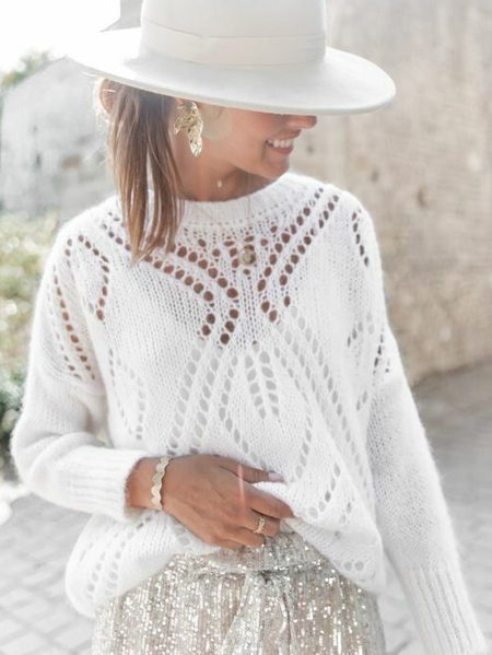 

Casual Yarn/Wool Yarn Plain Loose Sweater, White, Sweaters