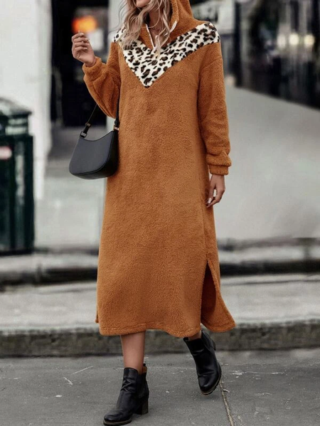 

Color Block Loose Fluff/Granular Fleece Fabric Casual Dress, Khaki, Midi Dresses