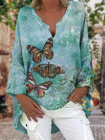

Casual Linen V Neck Floral Top, Green, Tops