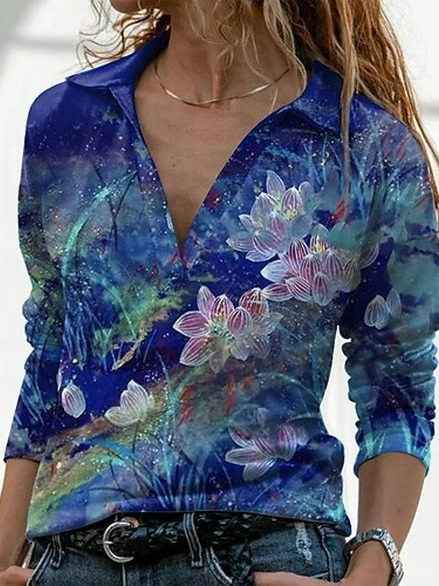 

V Neck Loose Floral Casual Top, Blue, Tops