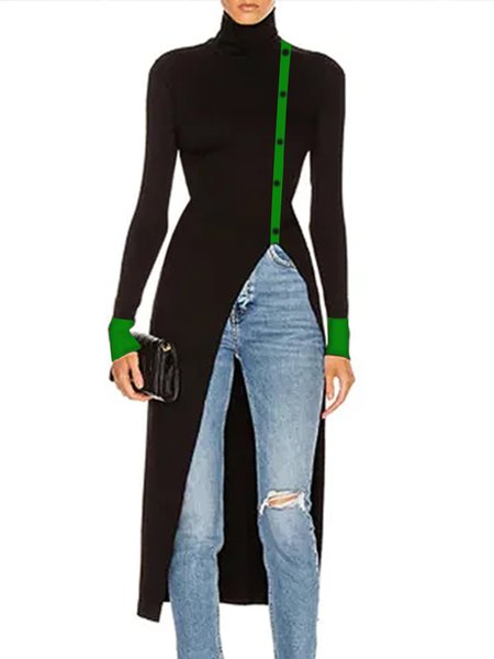 

Long sleeve Turtleneck Regular Fit Color Block Elegant Top, Black, Linen Tops