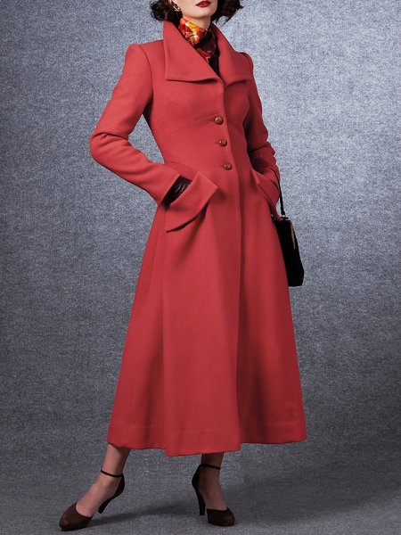 

Plain Lapel Collar Urban Buttoned Overcoat, Red, Coats