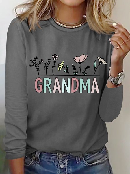 

Women's Grandma Simple Floral Regular Fit Long Sleeve Top, Gray, Long sleeves