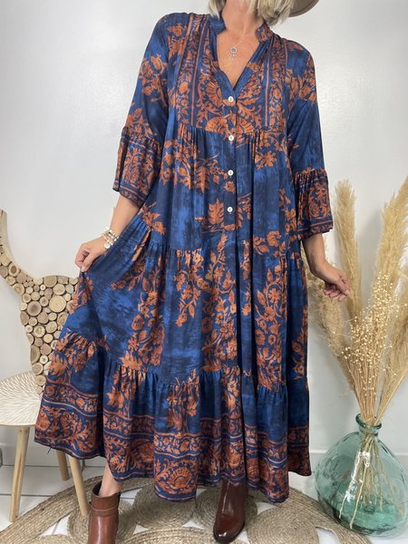 

V Neck Regular Fit Ethnic Floral Dress, Blue, Clothing
