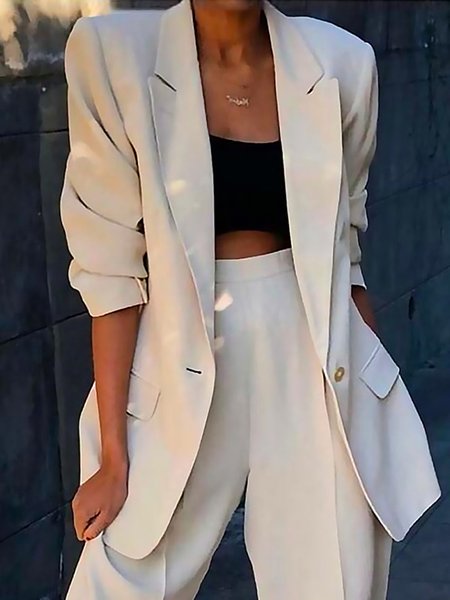

Simple Lapel Collar Plain Loose Blazer, White, Blazers