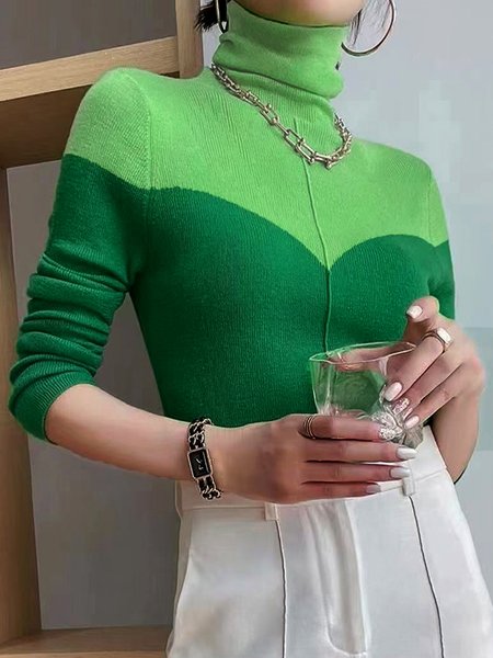 

Long sleeve Color Block Turtleneck Sweater, Green, Pullovers