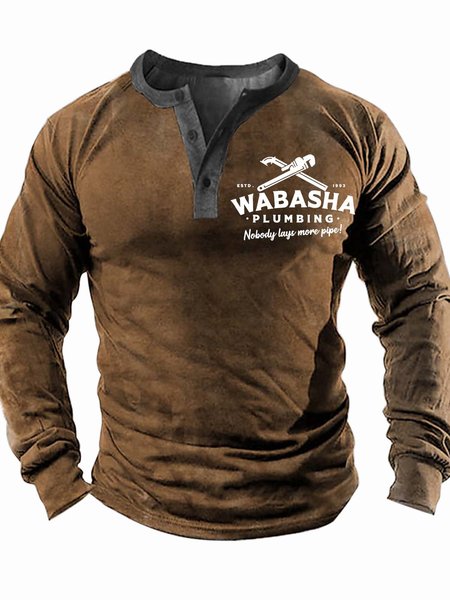 

Men’s Wabasha Plumbing Nobody Lays More Pipe Half Open Collar Regular Fit Casual Text Letters Top, Khaki, Long Sleeves