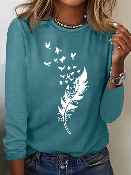 

Women's Feather Pattern Simple Feather Pattern Crew Neck Long Sleeve Top, Green, Long sleeves