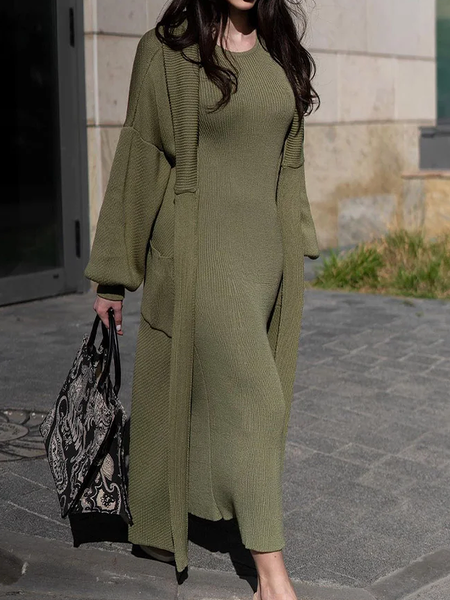 

Elegant Plain Shawl Collar Loose Long sleeve Sweater Long Coat, Army green, Cardigans