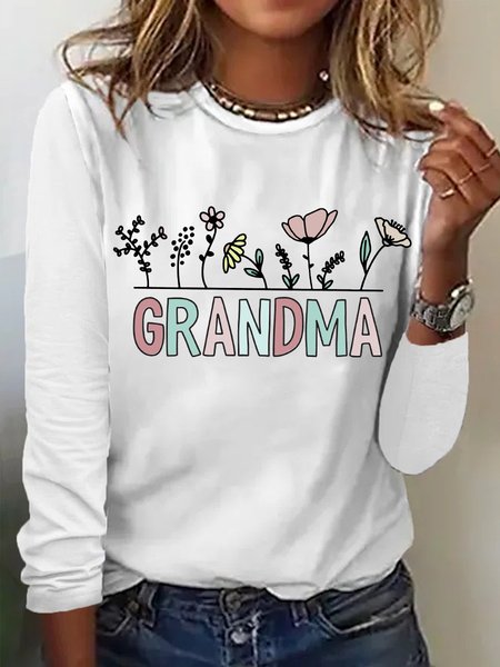 Women's Grandma Simple Floral Regular Fit Long Sleeve Top, White, Long sleeves