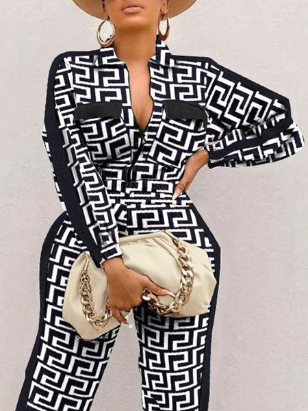 

Loose Abstract Print Shirt Collar Urban Blouse, Black, Blouses and Shirts