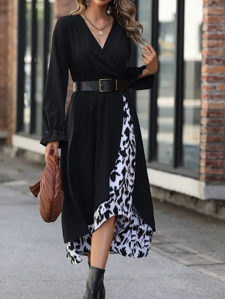

V Neck Casual Cotton-Blend Regular Fit Dress, Black, Midi Dresses