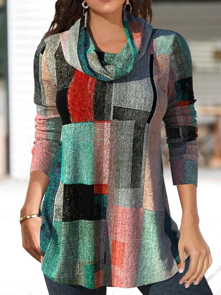 

Ethnic Turtleneck Geometric Regular Fit Top, Green, Shirts & Blouses