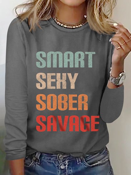

Women‘s Sober Regular Fit Crew Neck Simple Text Letters Long Sleeve Top, Gray, Long sleeves
