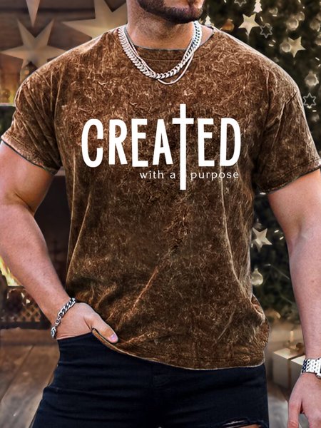 

Men's Religion Faith Created With A Purpose Funny Bleach Print Text Letters Loose Casual Crew Neck T-Shirt, Brown, T-shirts